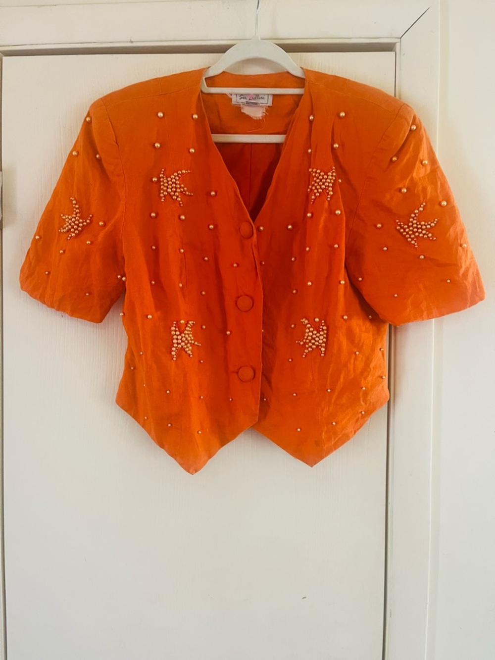 VTG Avant Garde 80s Pearl Beaded Coastal Resort 100% Raimie Cotton Crop Blouse L